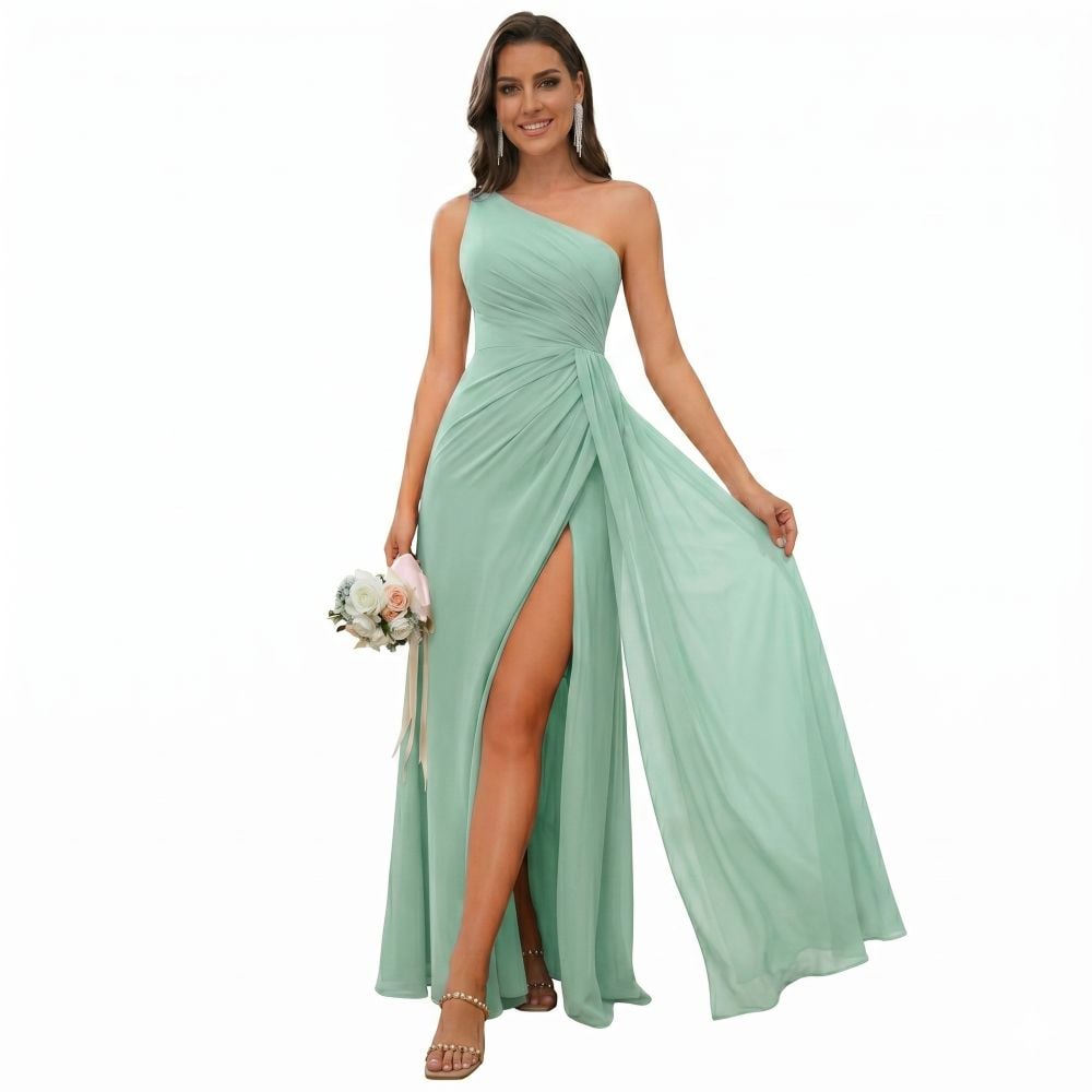 Elegant One-Shoulder Chiffon Formal Gown with High Slit - Image 3